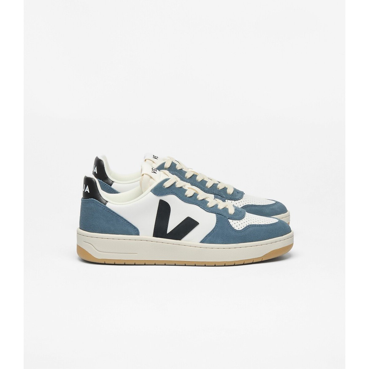Baskets cuir V-10 blanc/noir/bleu, VEJA