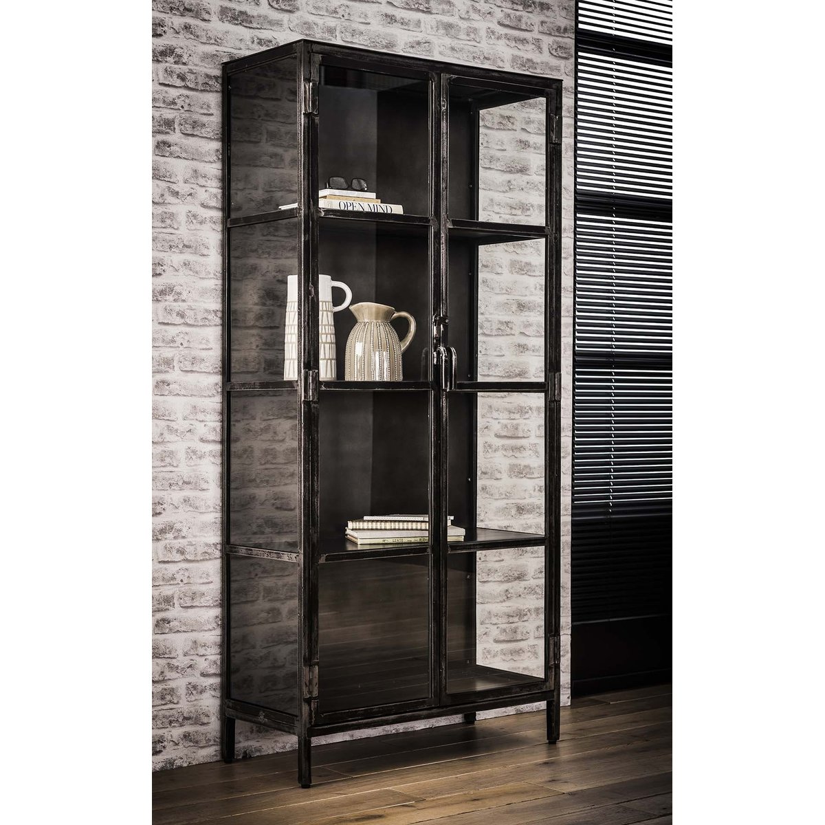 Vaisselier vitrine style industriel métal noir vieilli 2 portes en verre 90x190cm ROADIES noir, PIER IMPORT