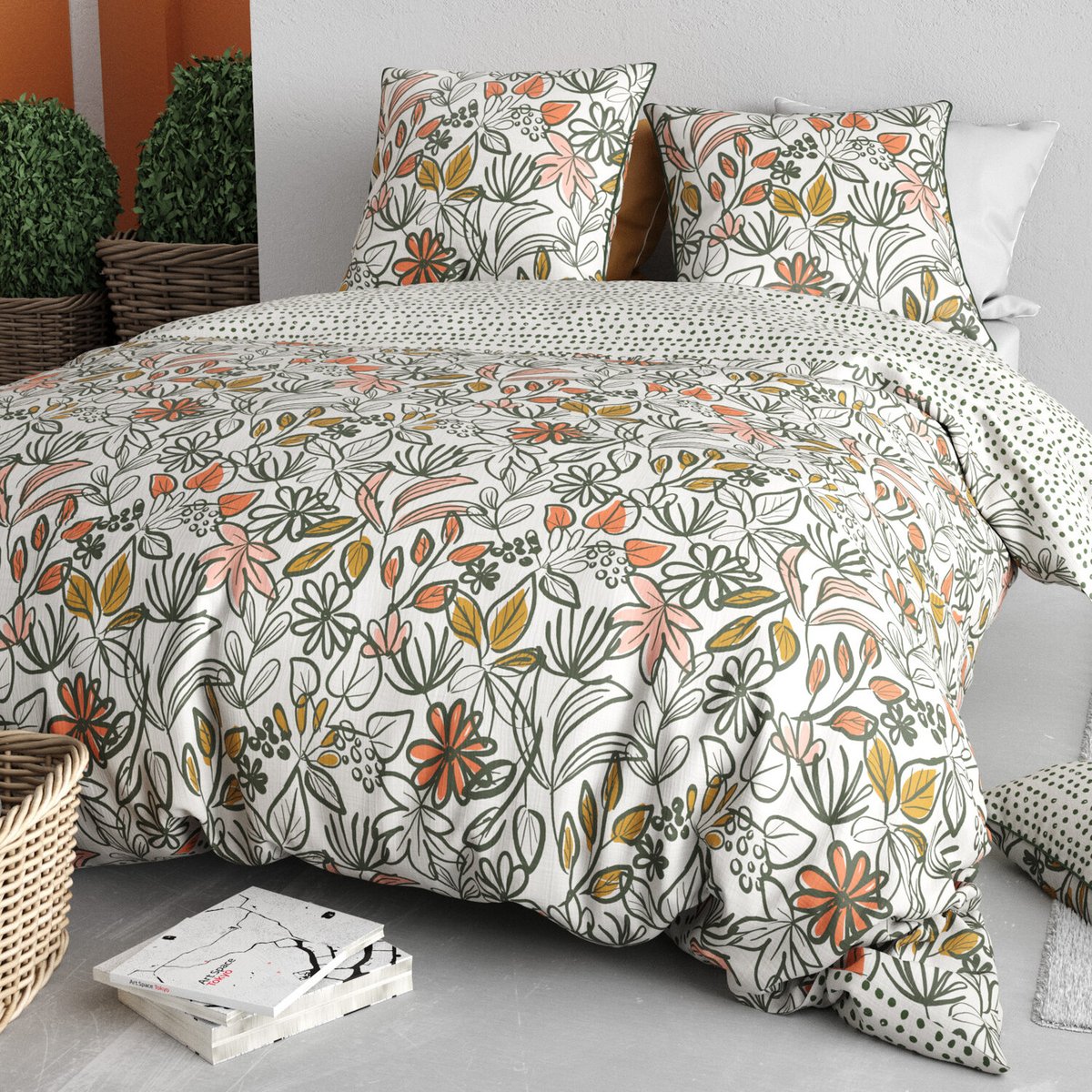 Parure housse de couette en coton imprimée, Narcisse vert, C DESIGN HOME TEXTILE