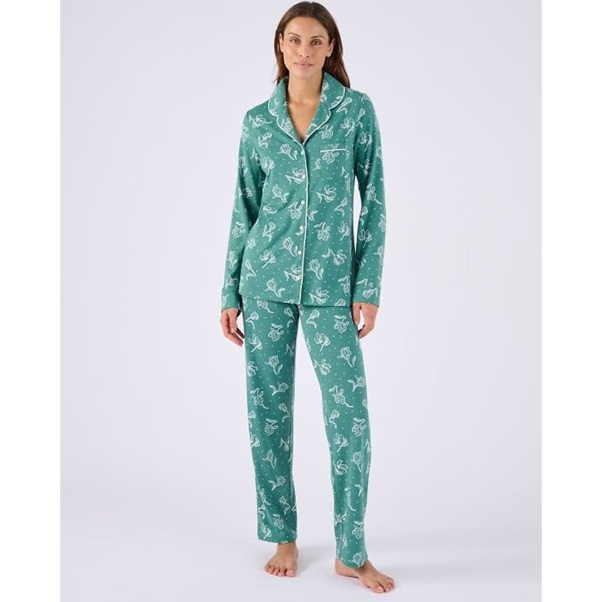 Pyjama boutonné en jersey thermolactyl vert fleurs, DAMART