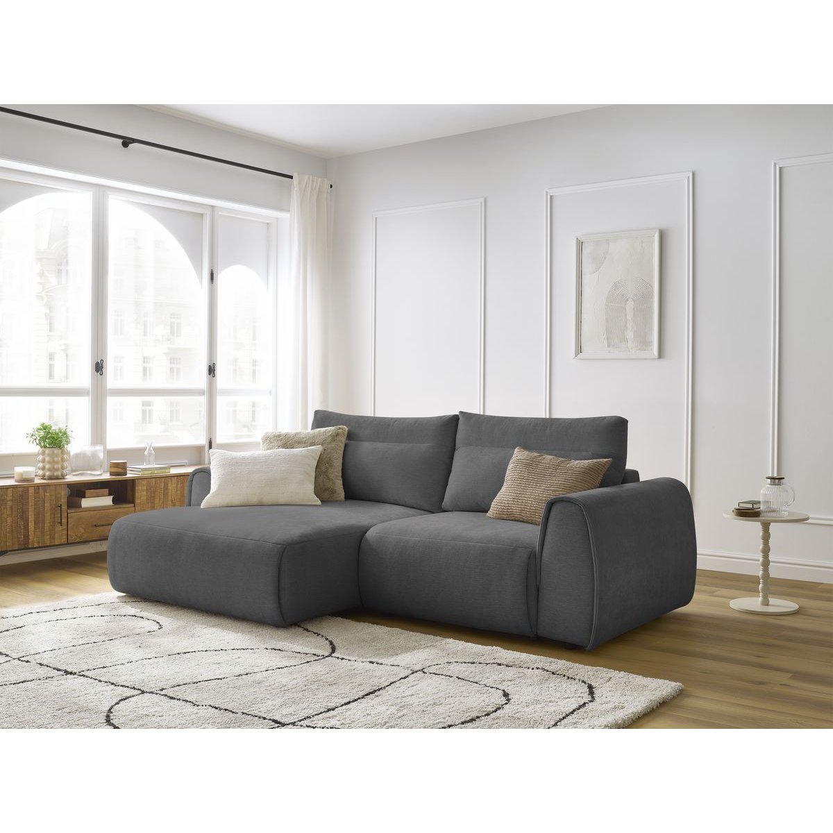 Canapé d'angle fixe compact 3 places tissu lisse, ADEN gris foncé, BOBOCHIC