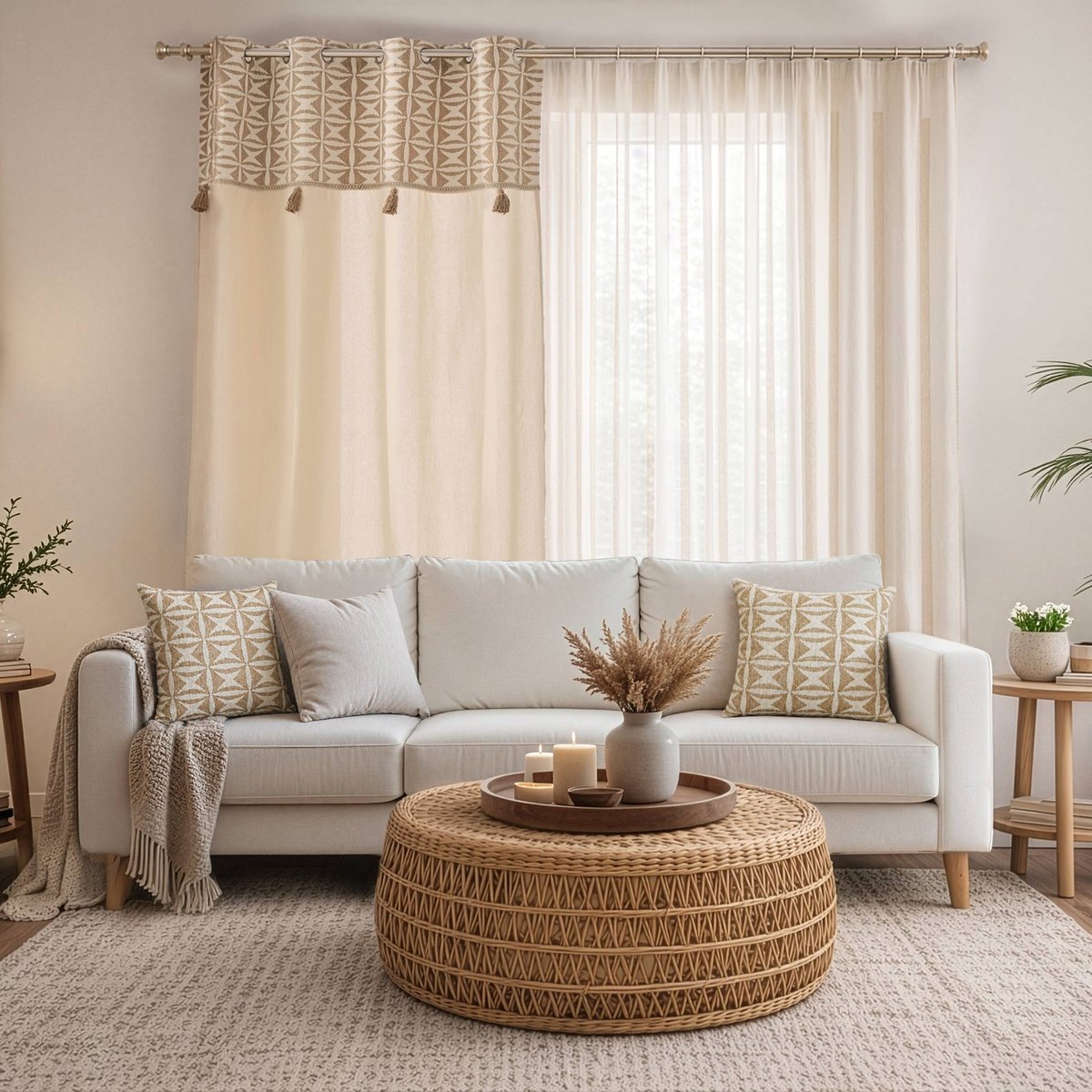 Rideau tamisant à œillets en polycoton avec jacquard et pompons naturel, DOUCEUR D'INTÉRIEUR