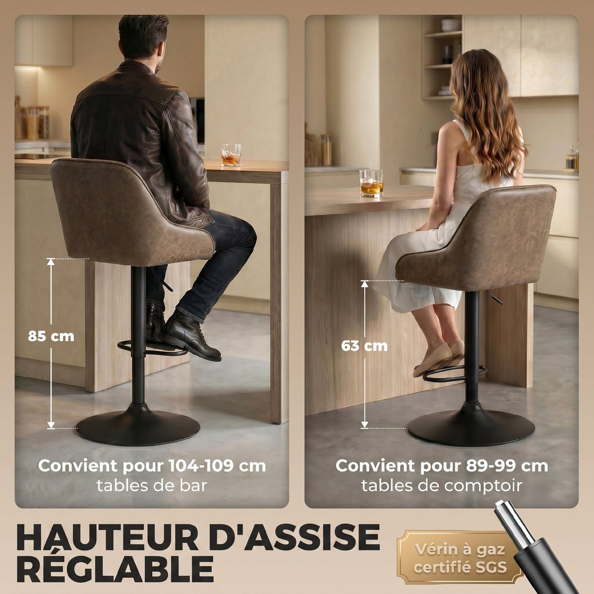Tabouret de bar PU Marron foncé marron foncé, HOMCOM
