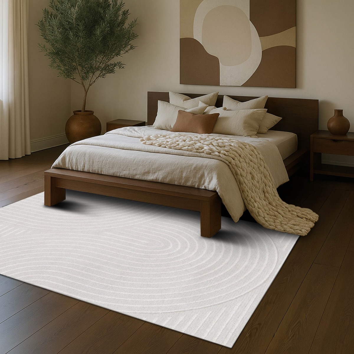 Tapis doux à relief abstrait géométrique  LUNE courbes blanches, THE DECO FACTORY
