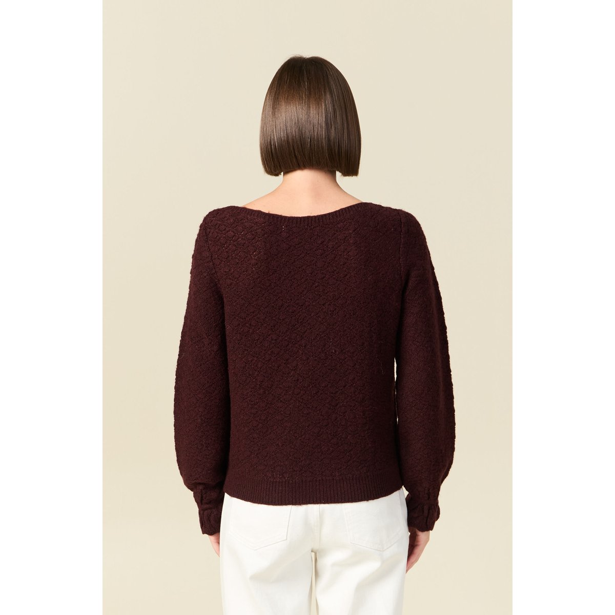 Pull ajouré col bateau manches longues prune, BONOBO