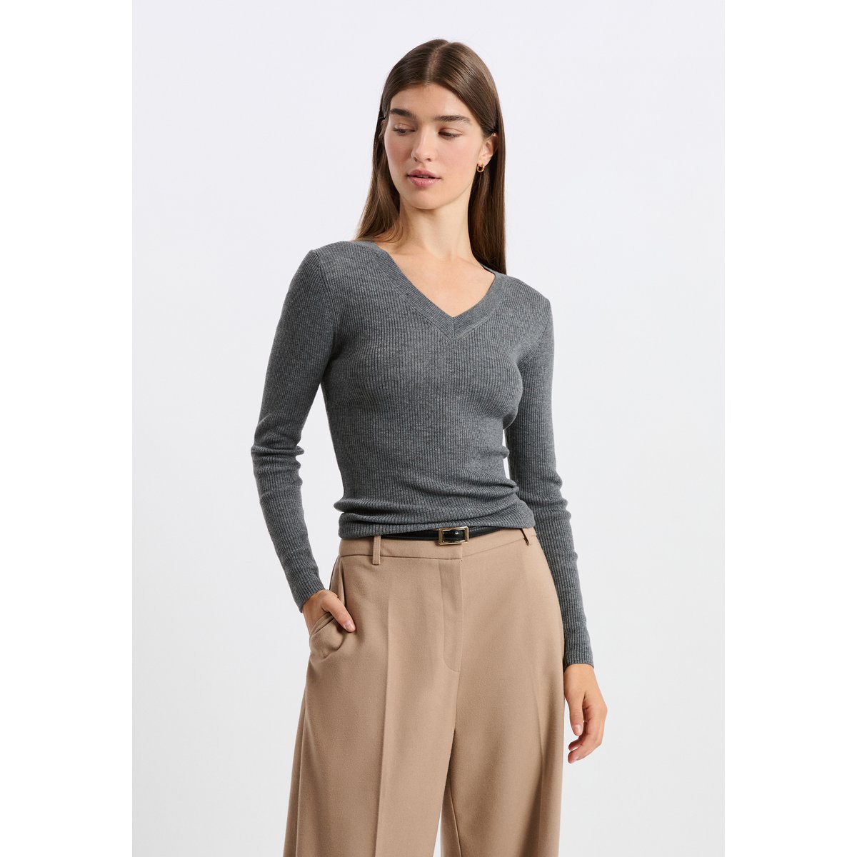 Pull col V avec laine LAUCENE V gris, ETAM