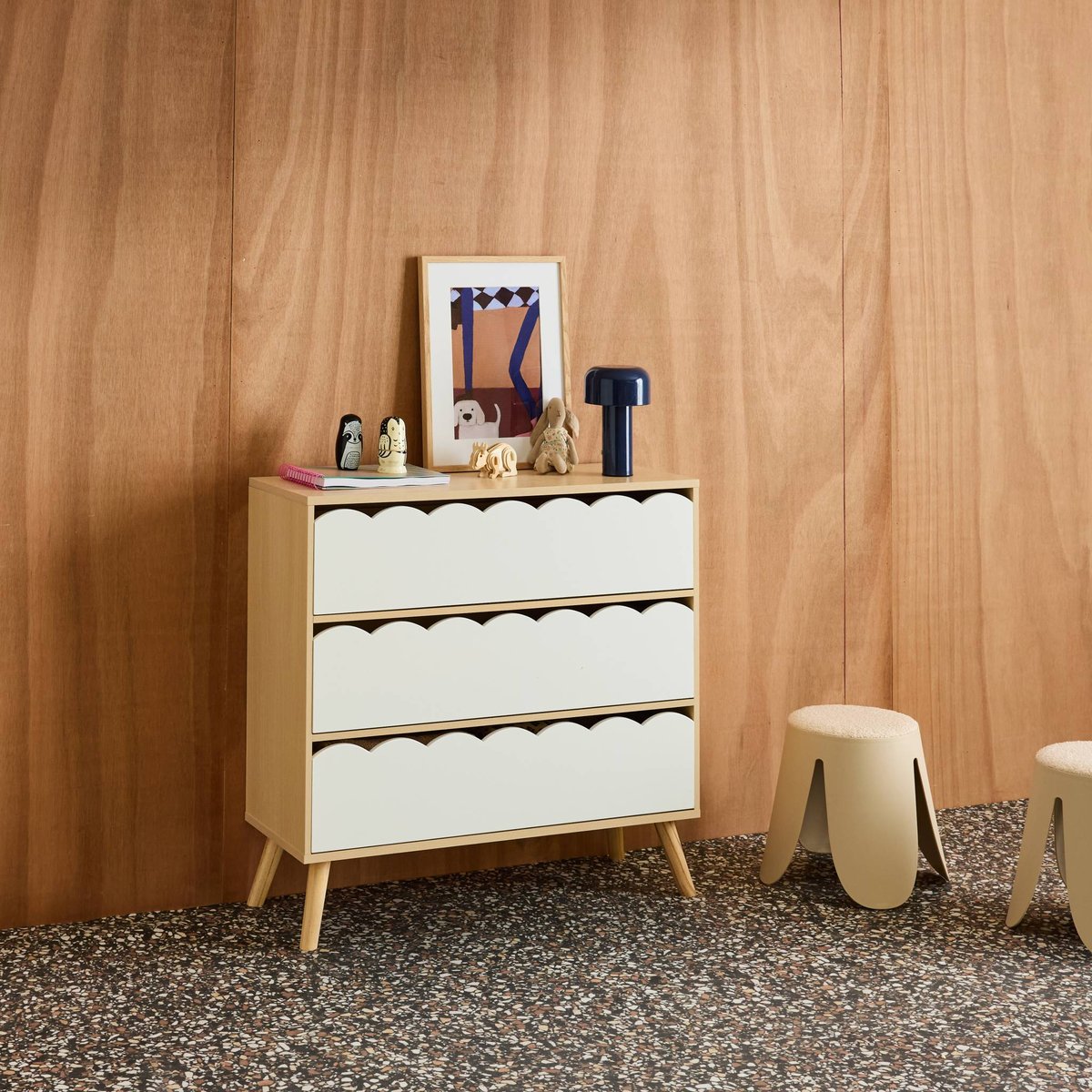 Commode enfant décor bois 3 tiroirs AZUR blanc, SWEEEK