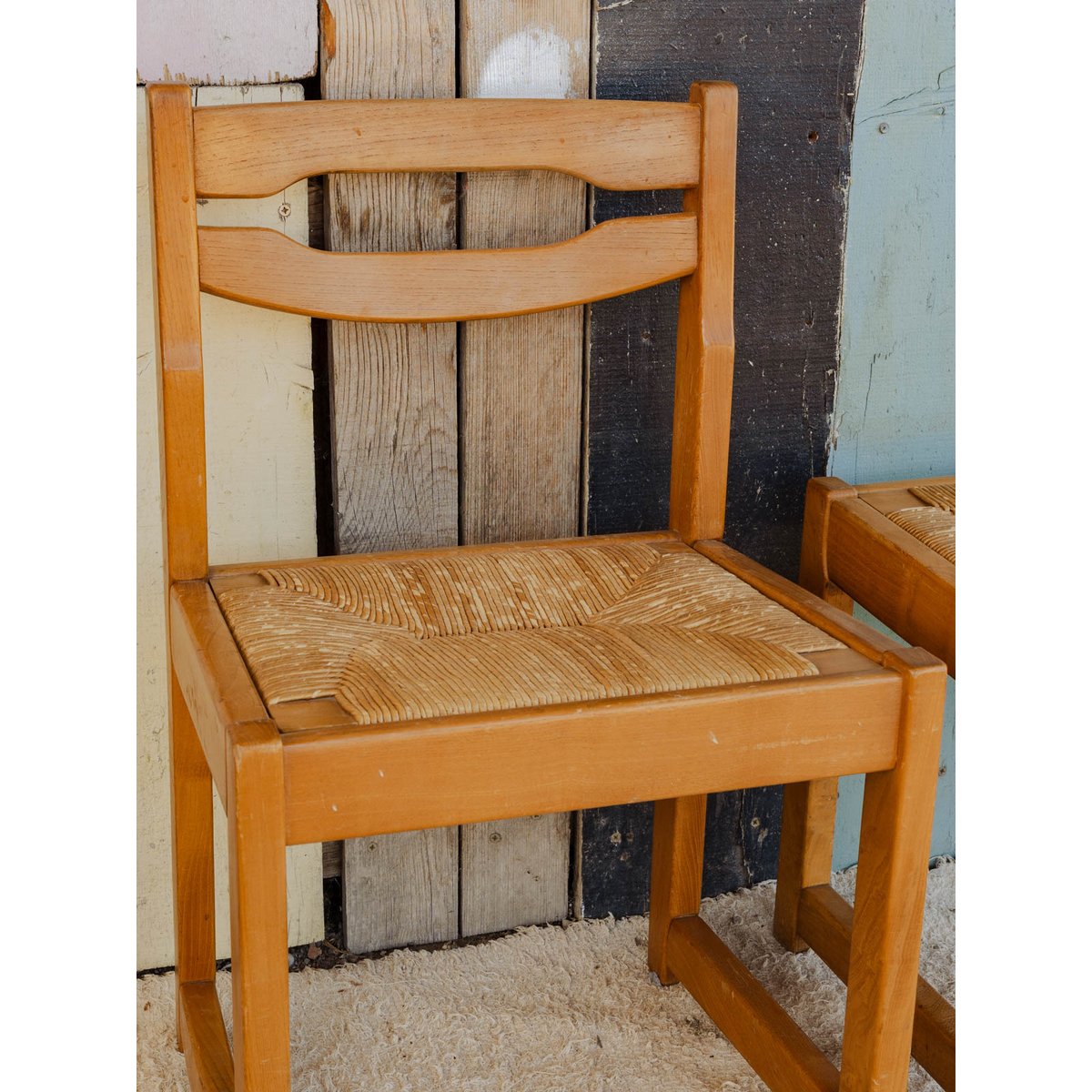 Lot de 4 chaises en bois et paille Claude N°1388 - Bon état bois clair, DEBONGOUT