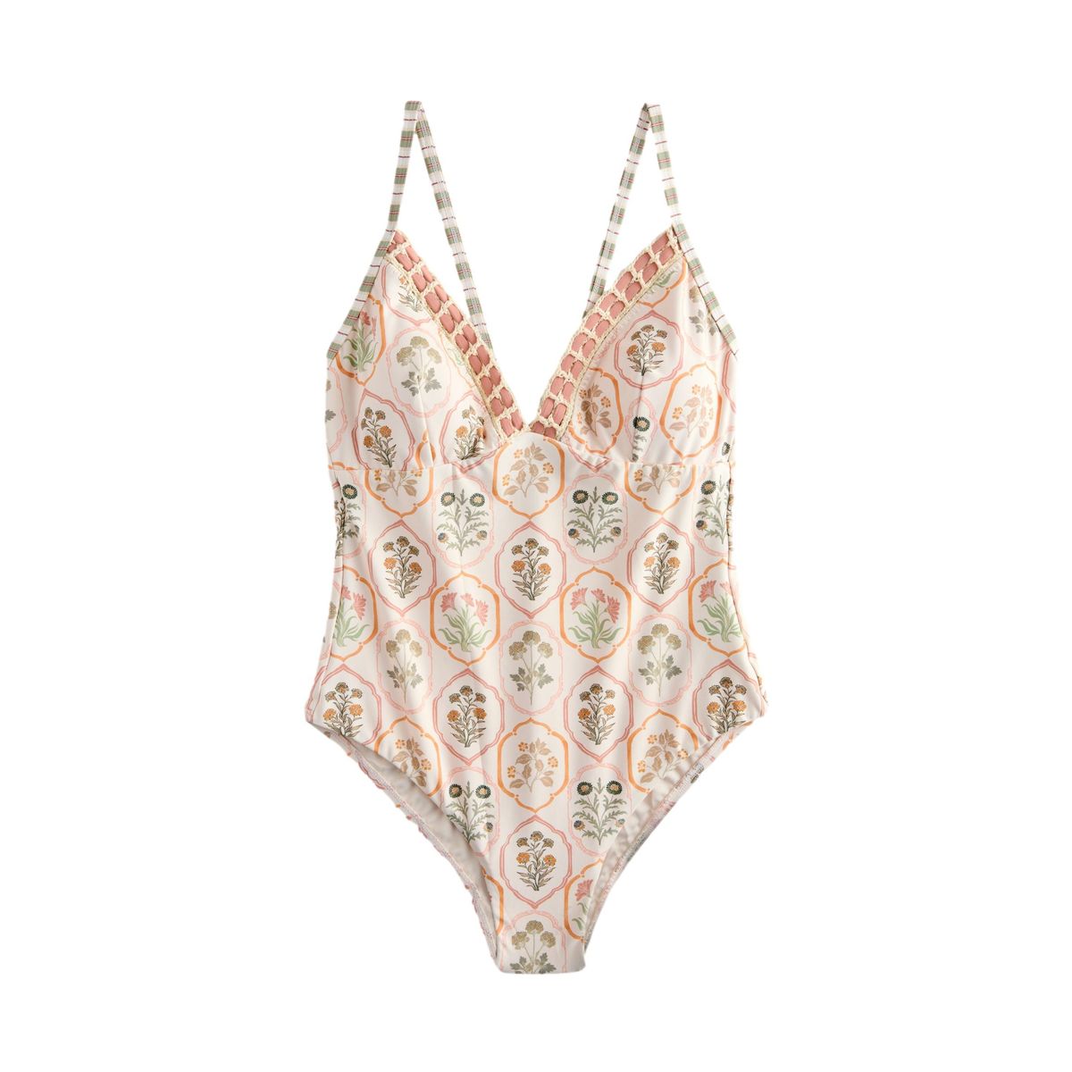 Maillot de bain gainant pigeonnant écru/pêche floral, NEXT