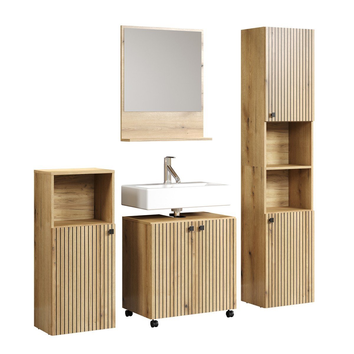 Meuble sous vasque sur roulettes 2 portes L60 cm - PUREBLISS chêne blond et noir mat, CALICOSY