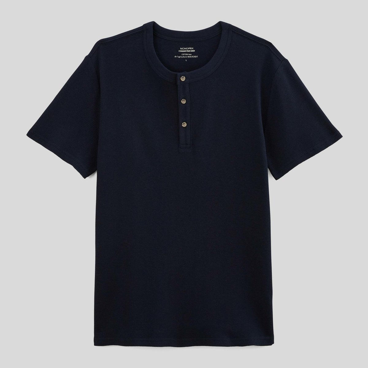 T-shirt manches courtes col tunisien gaufré en coton BIO GOTS marine, MONOPRIX