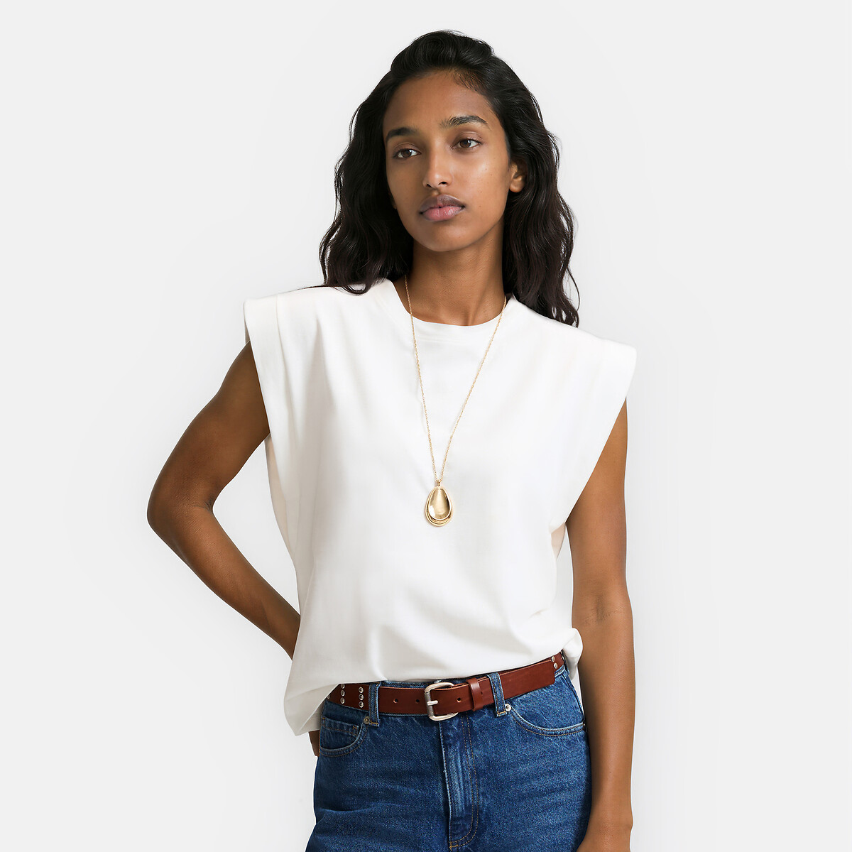 Débardeur pur coton, col rond sans manches blanc, LA REDOUTE COLLECTIONS