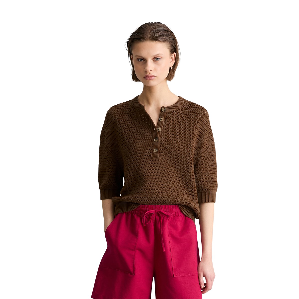 Pull à manches courtes relaxed en coton organique marron, MARC O’POLO DENIM