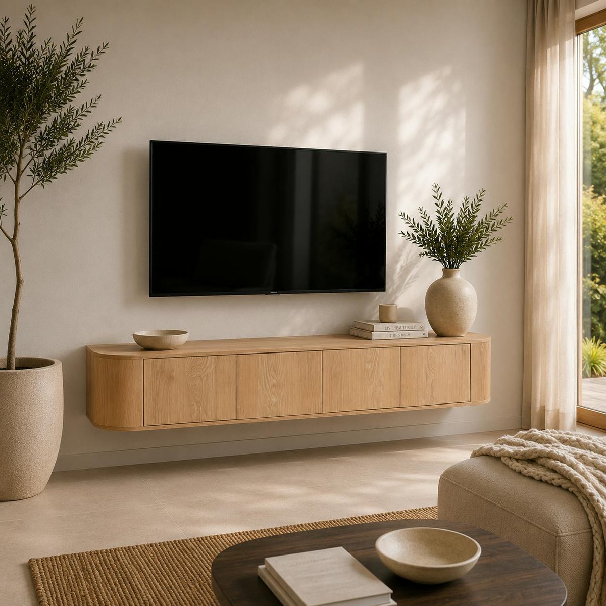 Long meuble TV suspendu en chêne, 4 portes LOREN bois clair, PIER IMPORT
