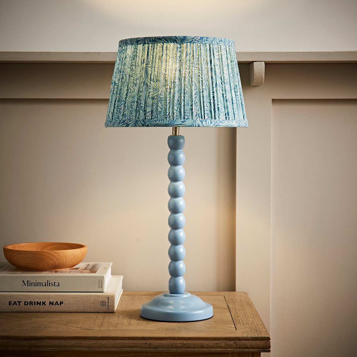 Bobbie Painted Bobbin Table Lamp with Leaf Pleated Shade blue, SO'HOME