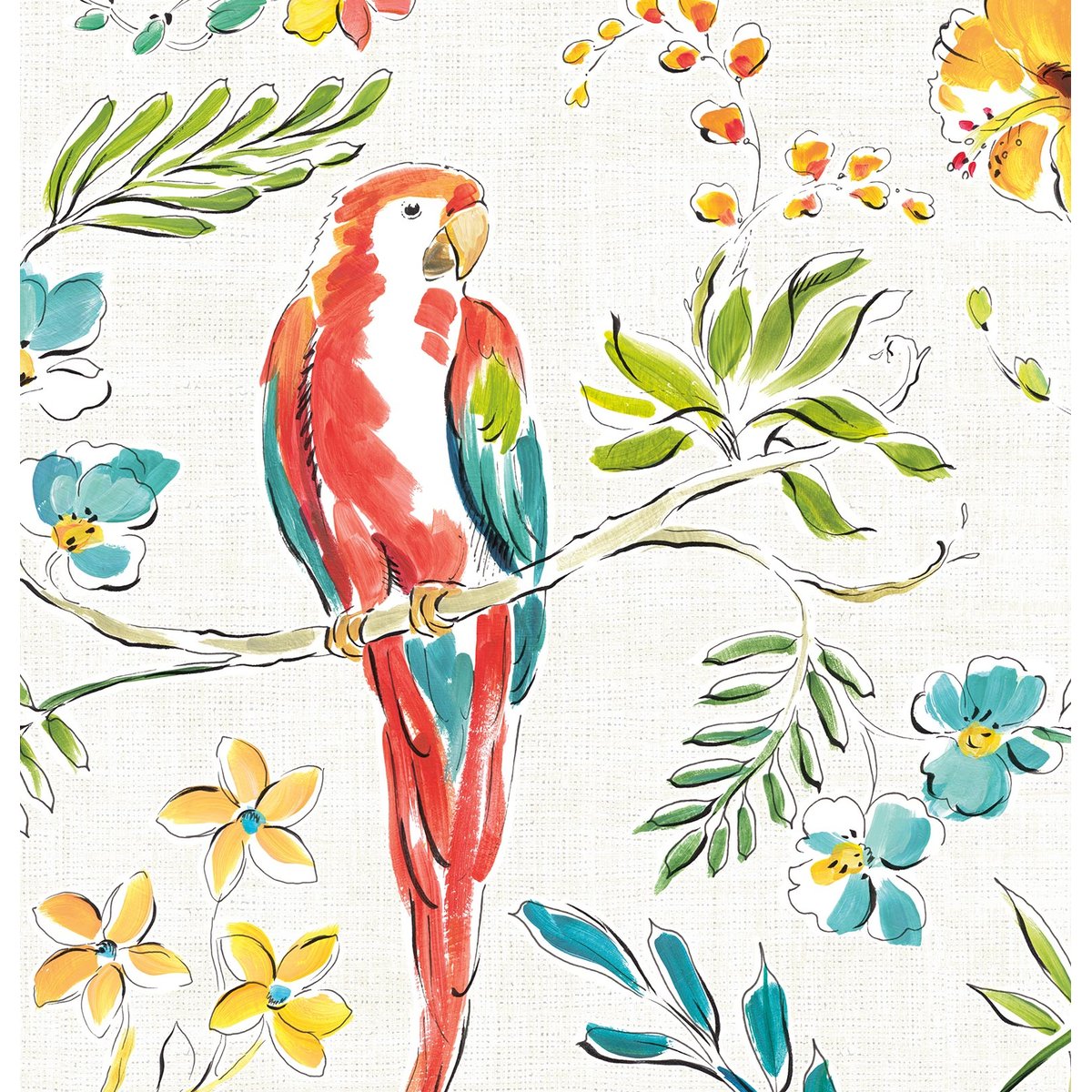 Papier peint exotique perroquet et fleurs intissé, HEXOA
