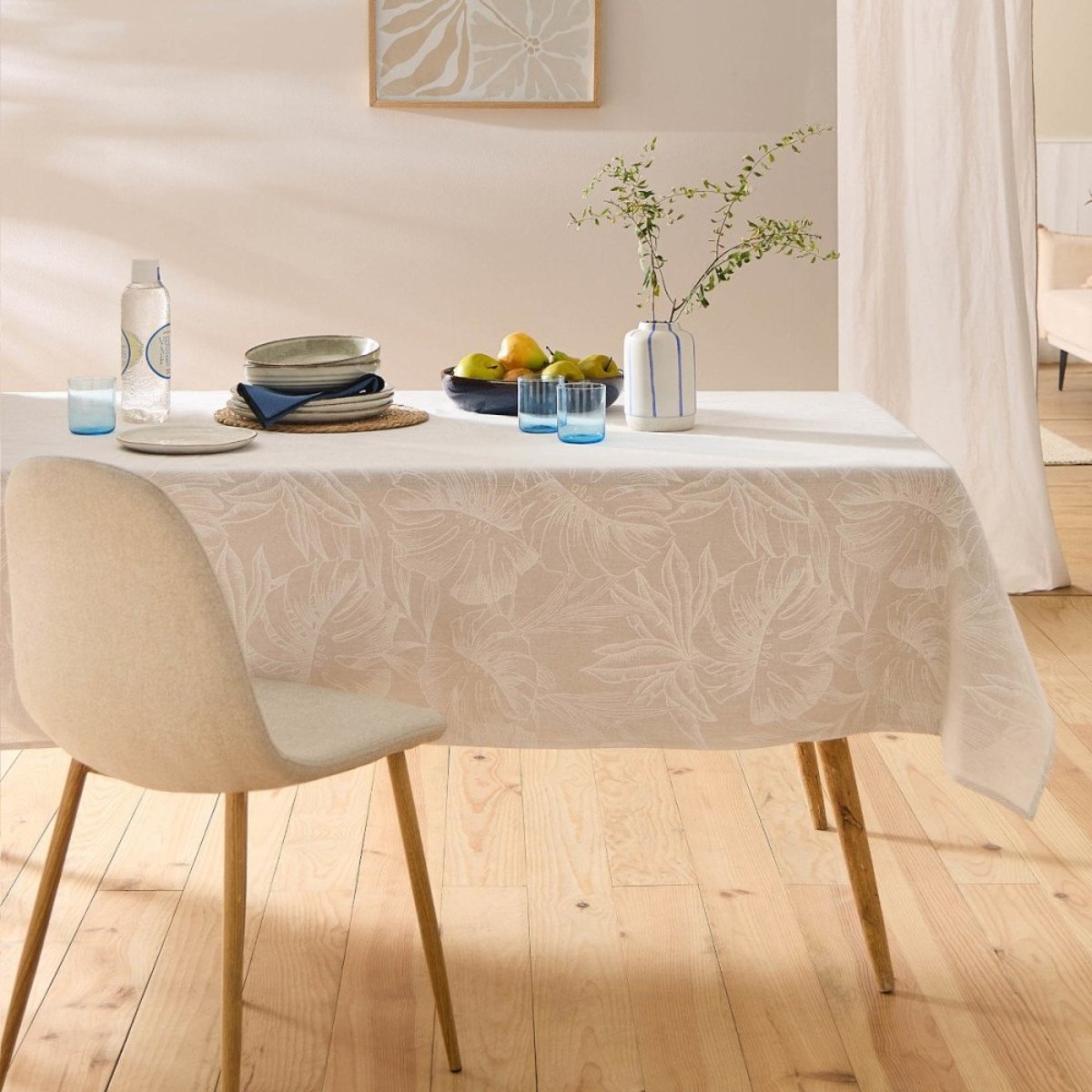 Nappe Rectangulaire 140x240 Imprimé Effet Lin Lorenza beige, DECORATIE