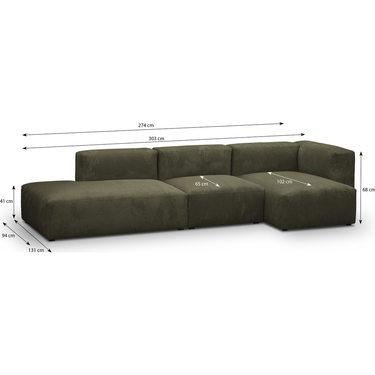 Canapé d'angle à droite modulable 5 places en velours côtelé - MODULO vert kaki, HOMIFAB
