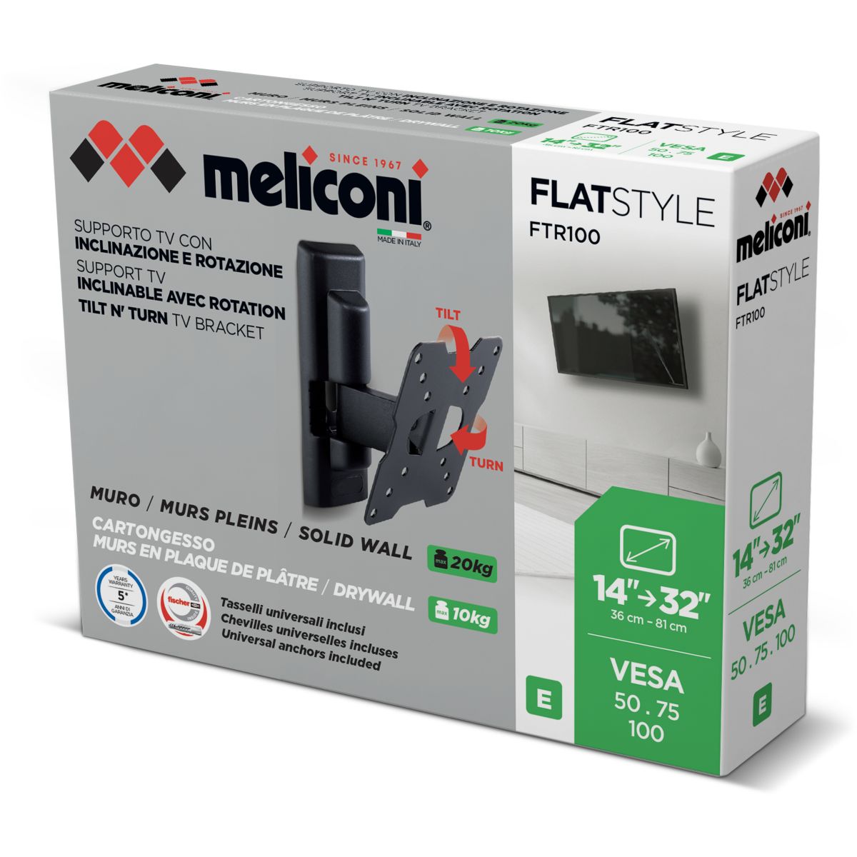 Support mural TV FTR 100 FLAT couleur unique, MELICONI