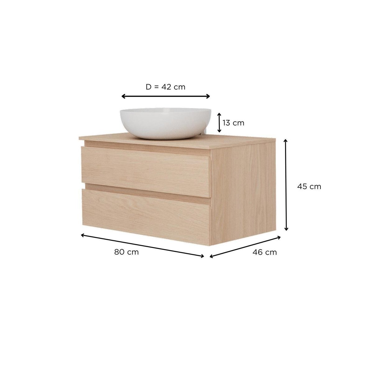 Ensemble meuble simple vasque 80 cm + vasque SORRENTO chêne, MOB IN