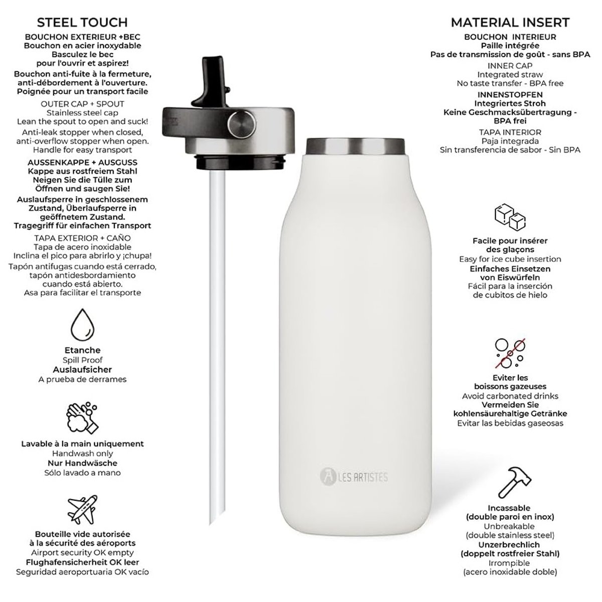 Bouteille isotherme 2.0 inox 1L blanc, LES ARTISTES PARIS