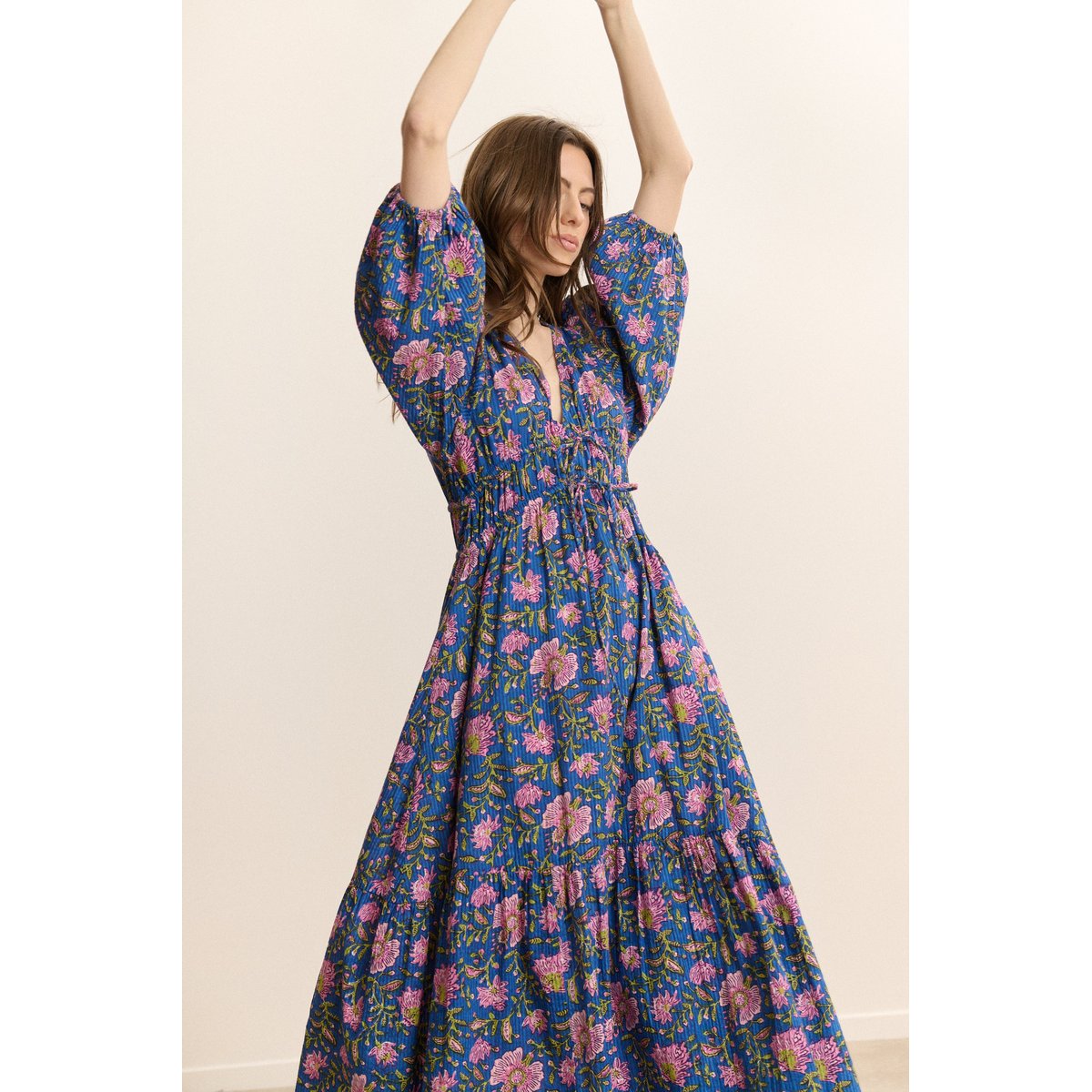Robe midi manches 3/4 imprimée VANINA bleu, GARANCE PARIS 