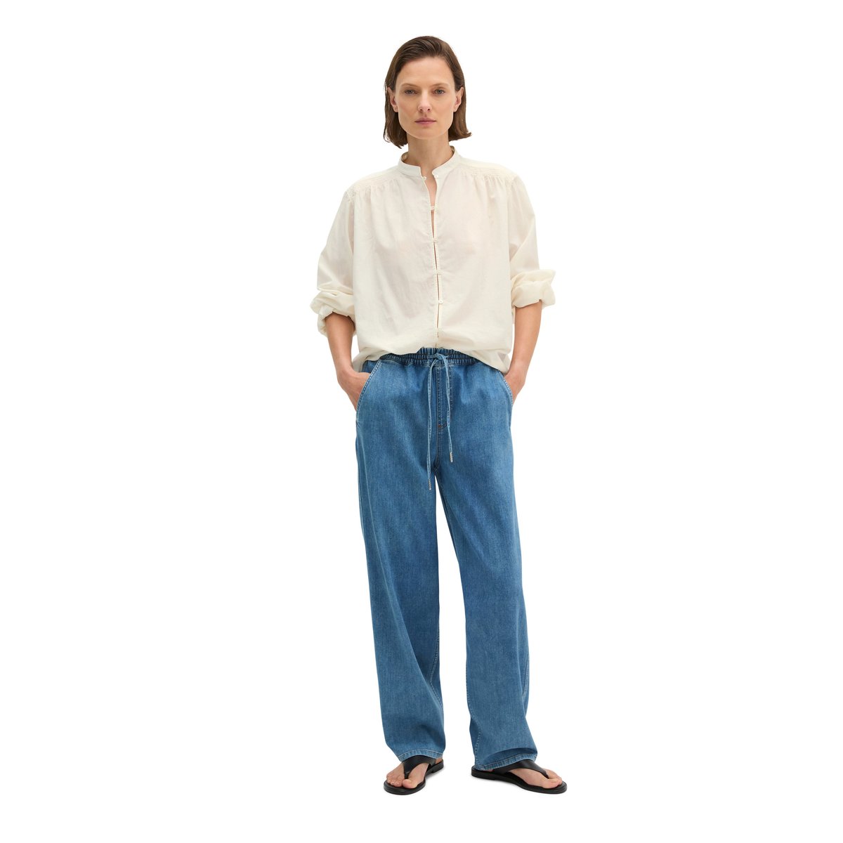 Jeans joggpants relaxed cropped en denim Cashmere Touch bleu moyen, MARC O'POLO