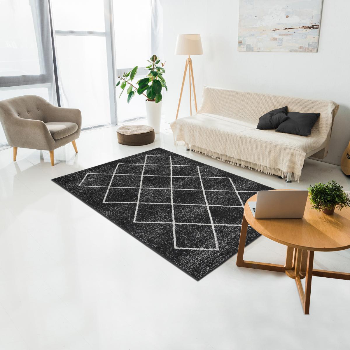 Tapis salon et chambre tissé motif scandinave BALANIA anthracite, blanc, UN AMOUR DE TAPIS