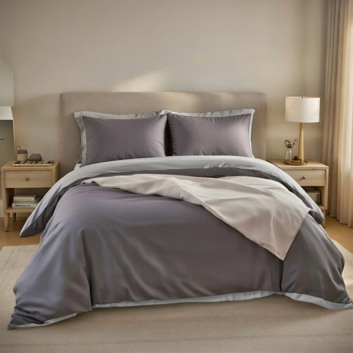 Lot de 2 taies d'oreiller en percale de coton uni, MURA gris, C DESIGN HOME TEXTILE