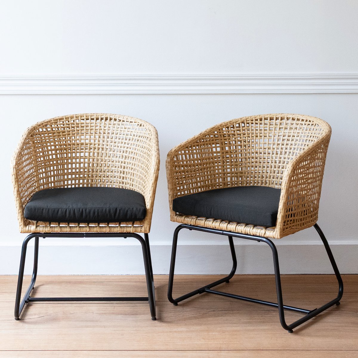 Lot de 2 fauteuils en rotin synthétique, RINA naturel, noir, HAPPY GARDEN
