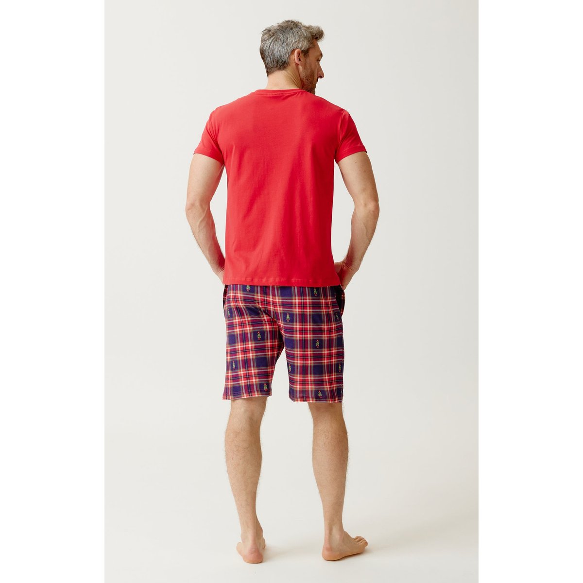 Pyjashort en jersey de coton léger à carreaux Léon rouge, ARTHUR