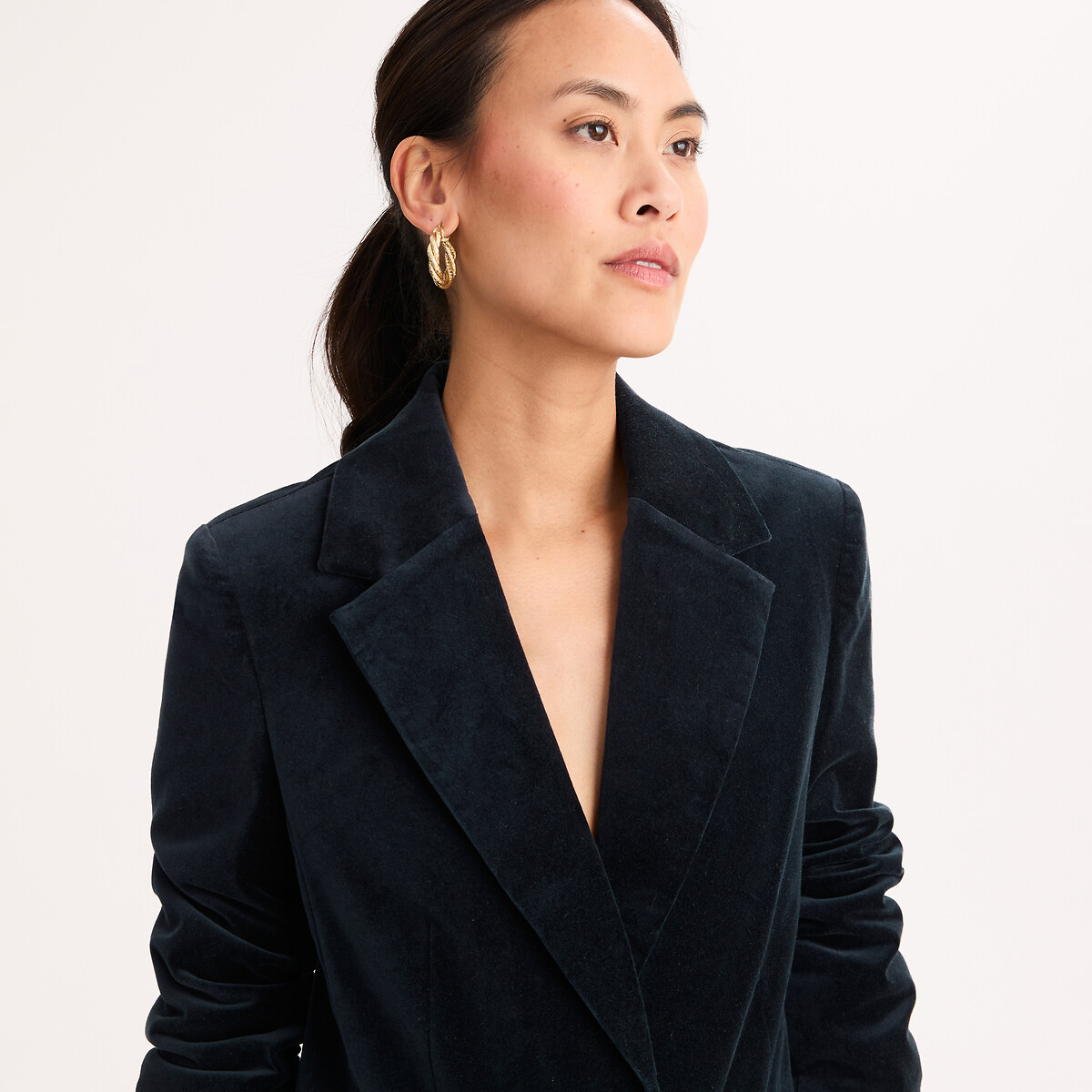 Blazer en velours lisse coupe droite bleu marine, ANNE WEYBURN