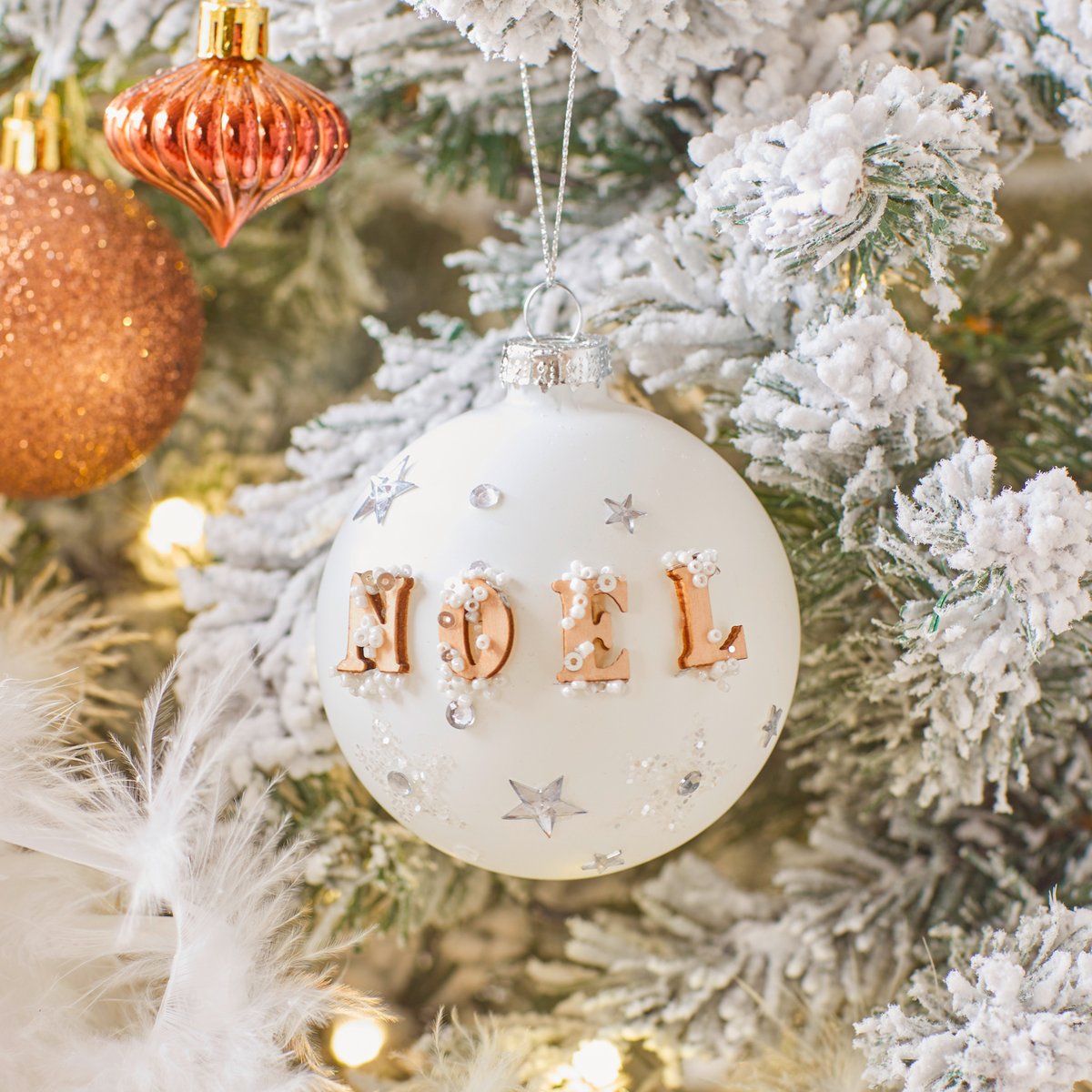 Boule noël et étoile 8 cm verre blanc, FEERIC LIGHTS & CHRISTMAS