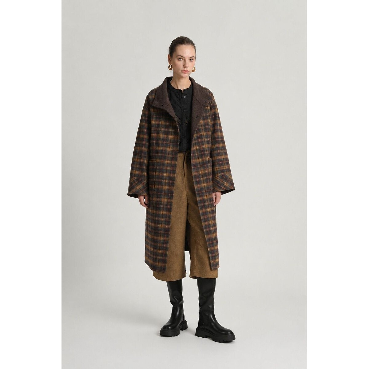 Cappotto lungo reversibile in misto lana marrone quadri, SEE U SOON