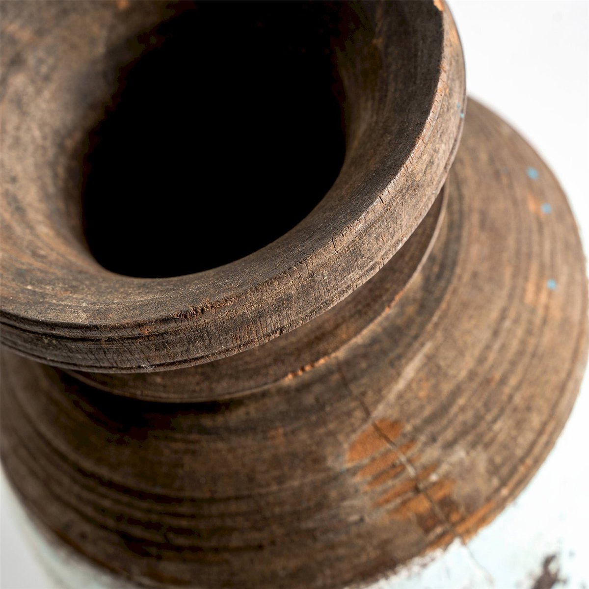 Vase ethnique en bois patiné, Lot de 4 brun patiné et bleu blanchi, RECOLLECTION