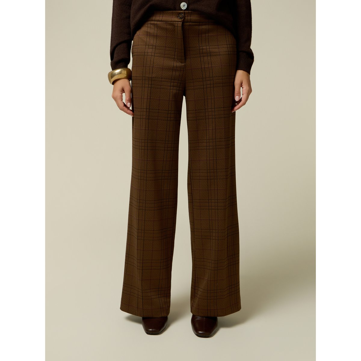 Pantalon palazzo à carreaux marron, OLTRE