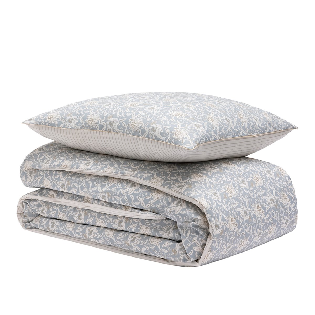 Parure de lit imprimée en percale de coton, taies carrées, ROSÉE SAUVAGE bleu clair, ESSIX