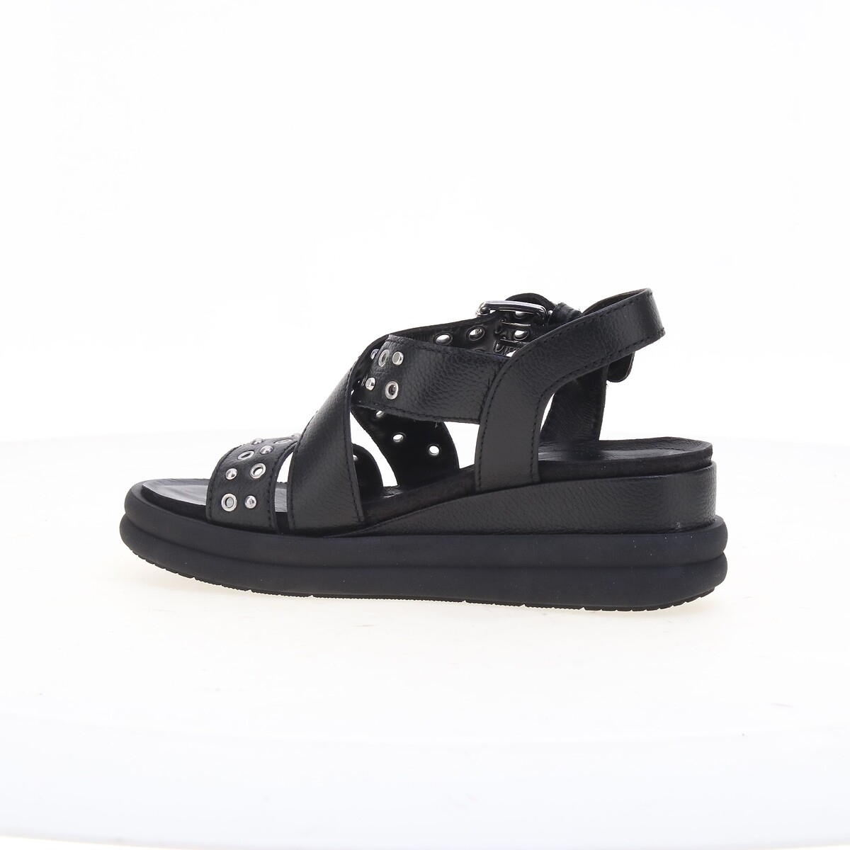 Sandales compensées en cuir noir, MJUS