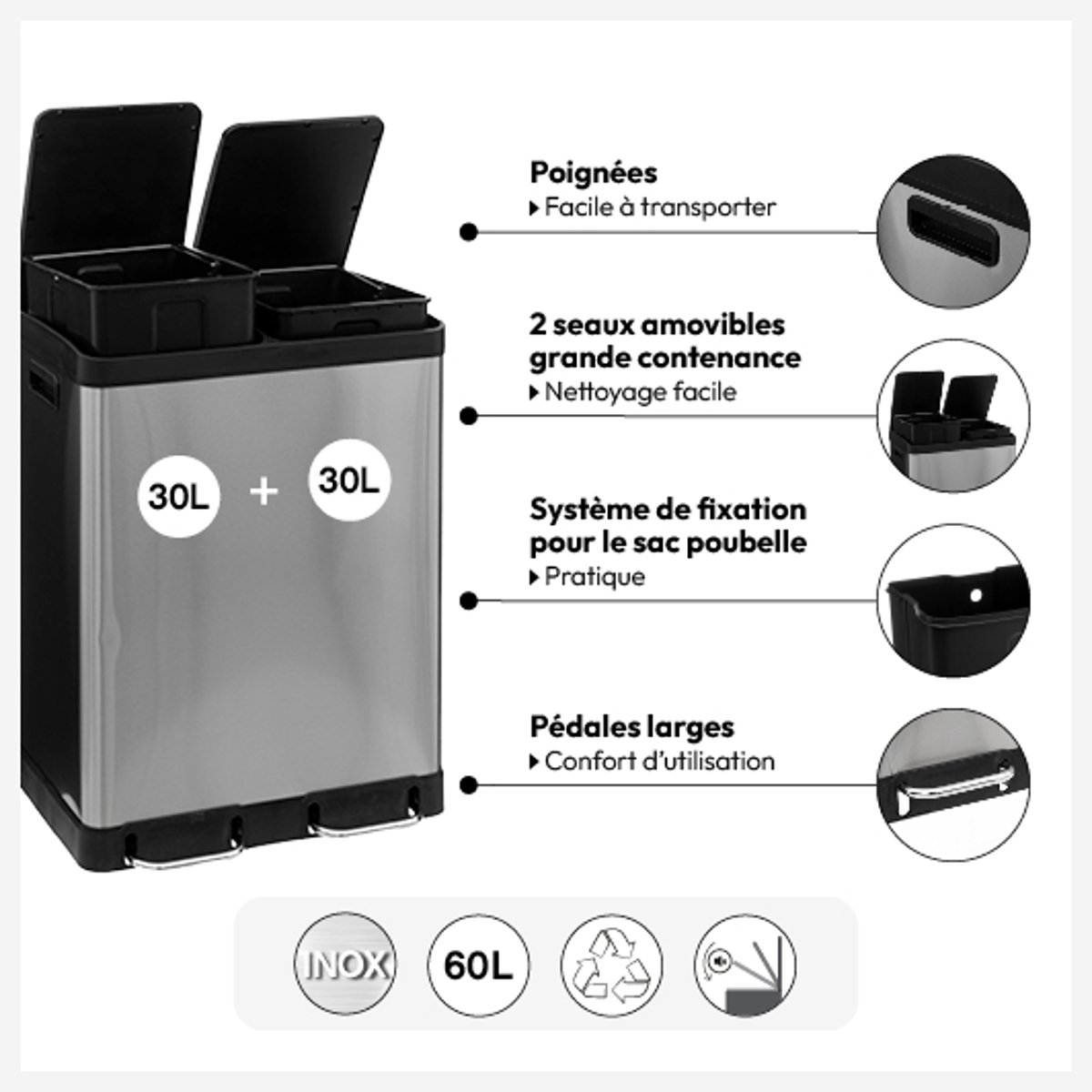 Poubelle de cuisine tri sélectif à pédales 2x30L ARIANE gris, 5FIVE SIMPLY SMART
