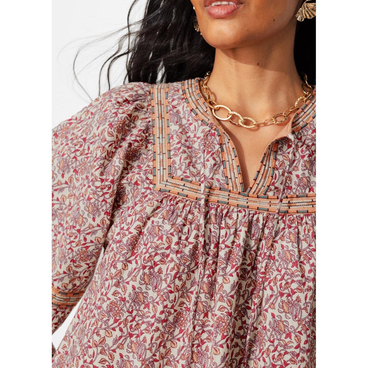 Blouse fleurie manches ballon imprimé écru, PROMOD