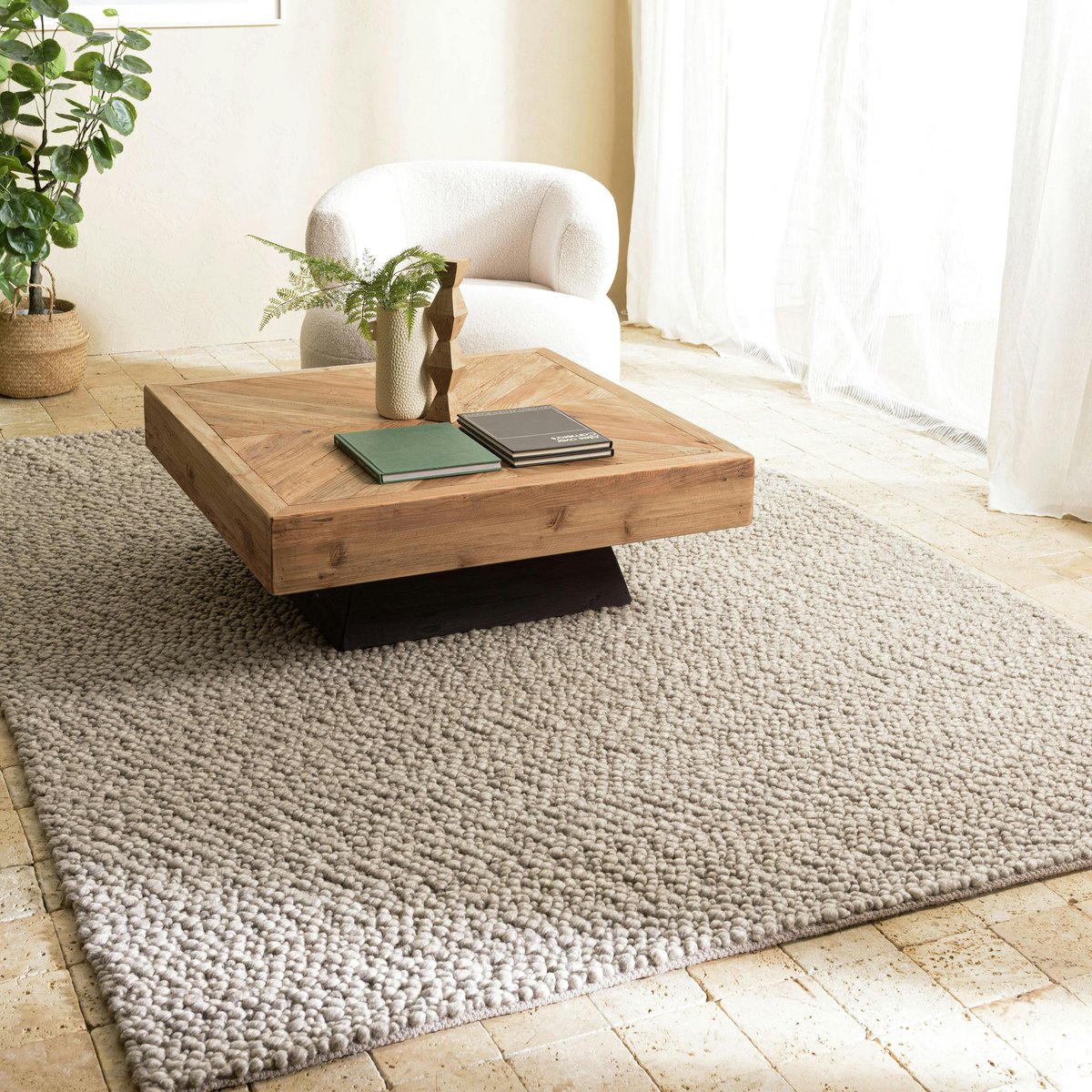 Tapis rectangulaire 160 x 230 cm laine bouclettes taupe taupe, PIER IMPORT