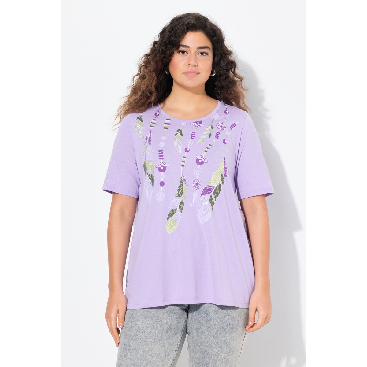 T-shirt à col rond et manches courtes. Motif lavande, ULLA POPKEN