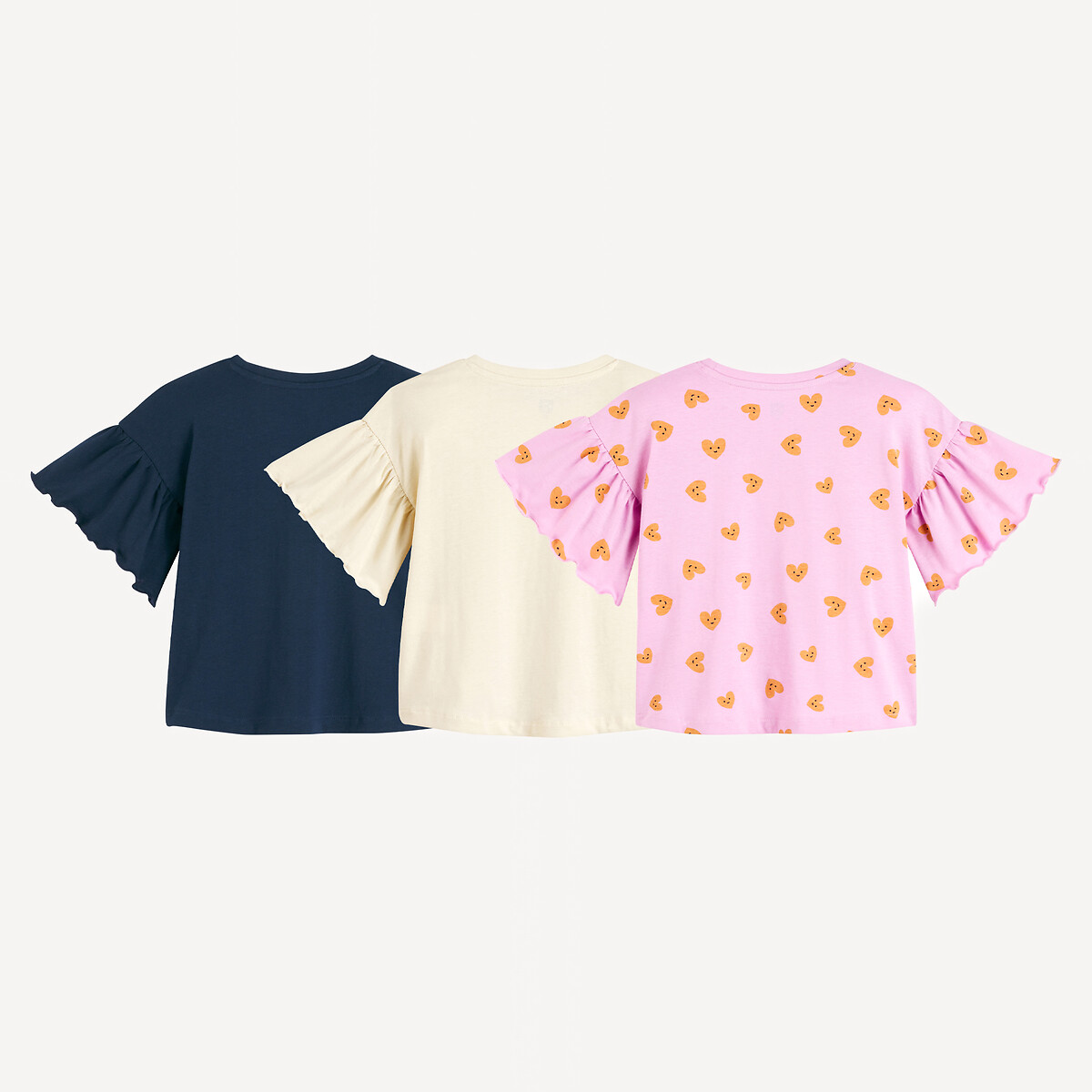Lot de 3 T-shirts à manches courtes volantées bleu marine + parme + blanc, LA REDOUTE COLLECTIONS