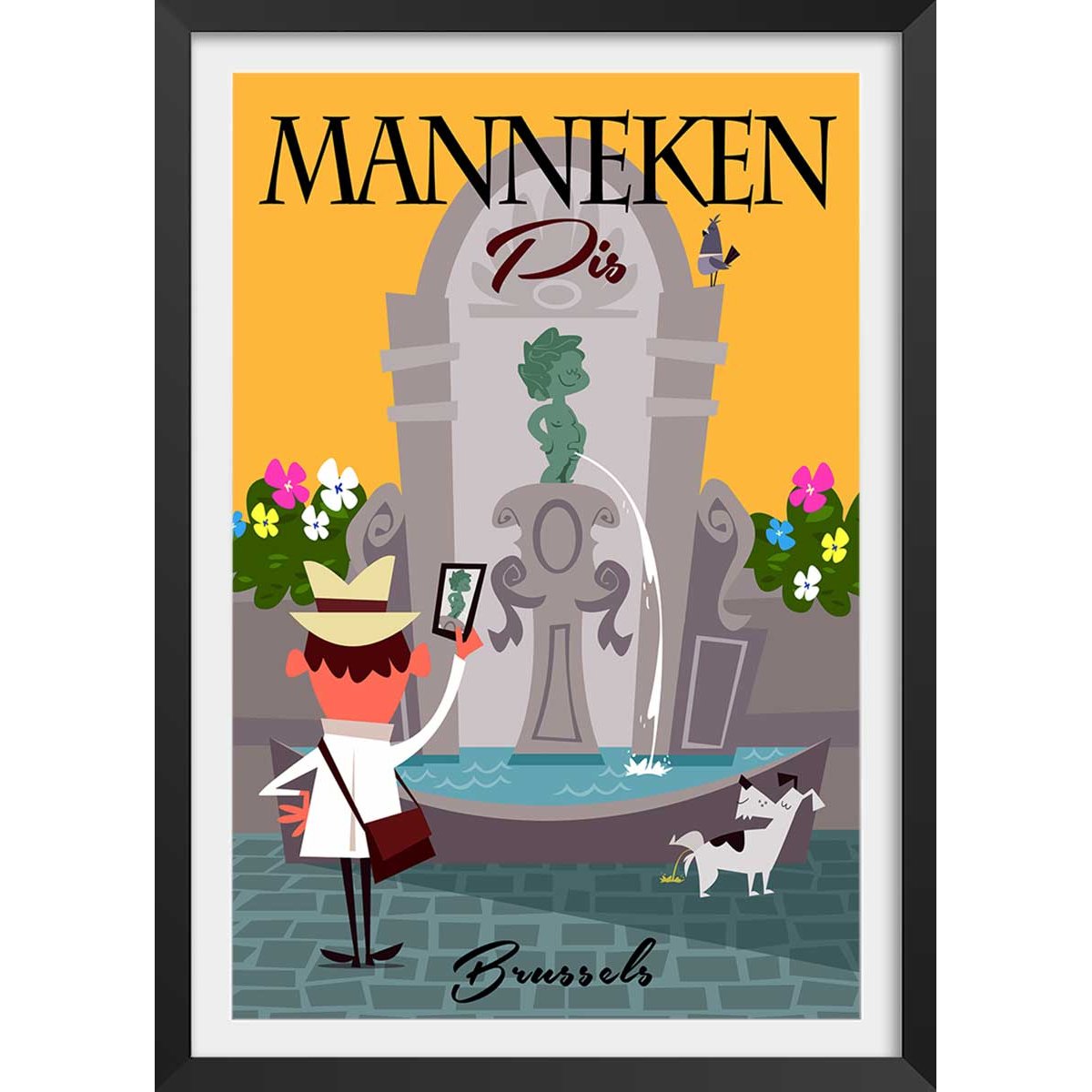 Poster retro manneken pis à bruxelles affiche + cadre en bois - noir, HEXOA