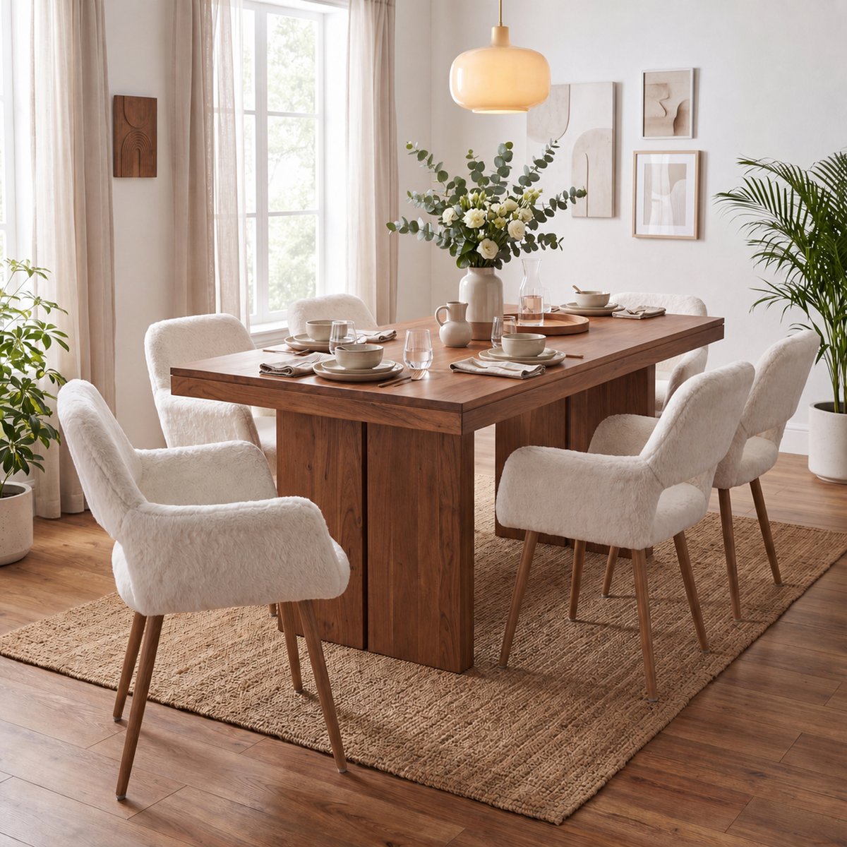 Lot de 6 chaises de salle à manger fauteuil scandinaves en tissu effet poil de lapin, CROMWELL PELUCHE blanc, MEUBLES COSY