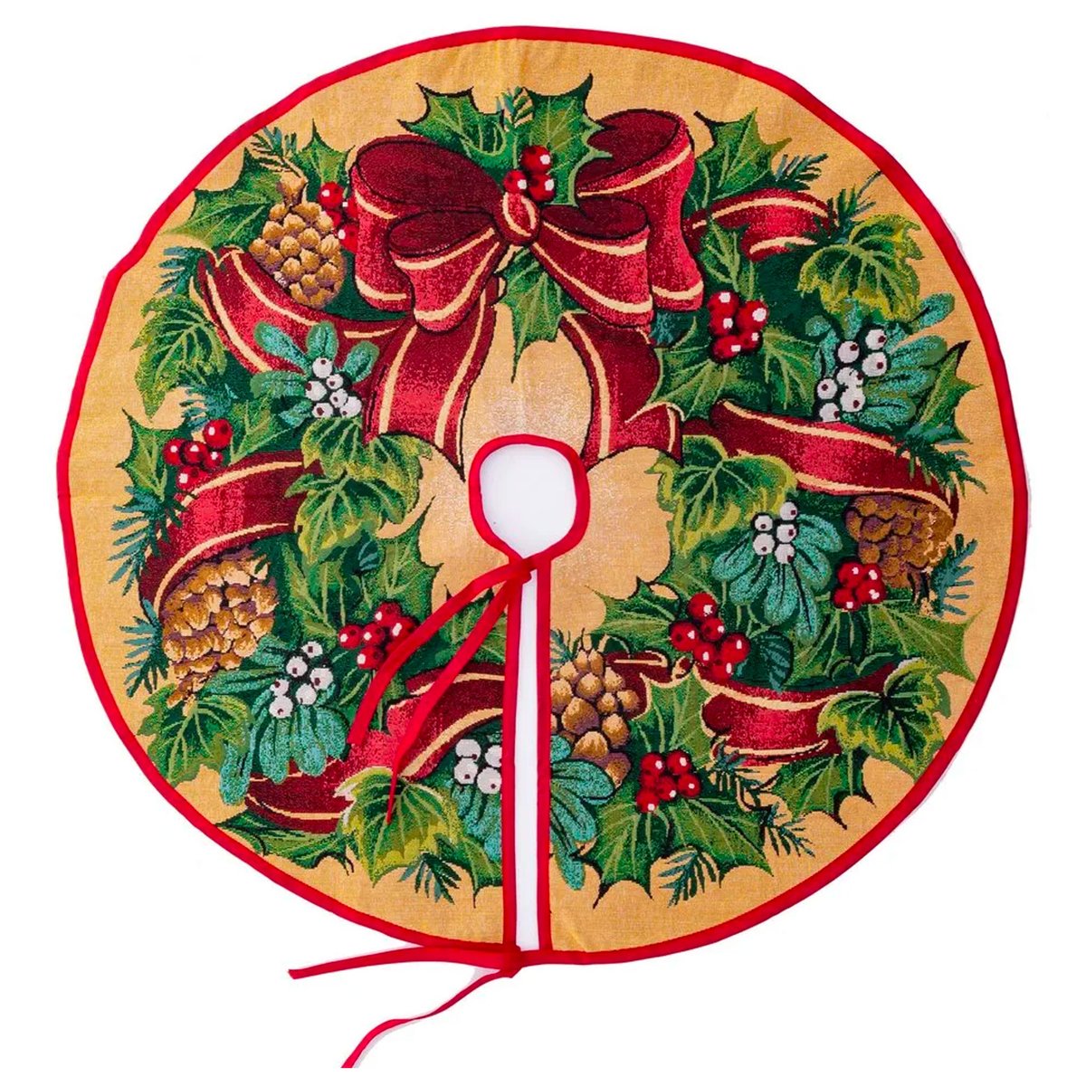 Couvre-pied de sapin de Noël rétro en polyester 130cm rouge, WADIGA
