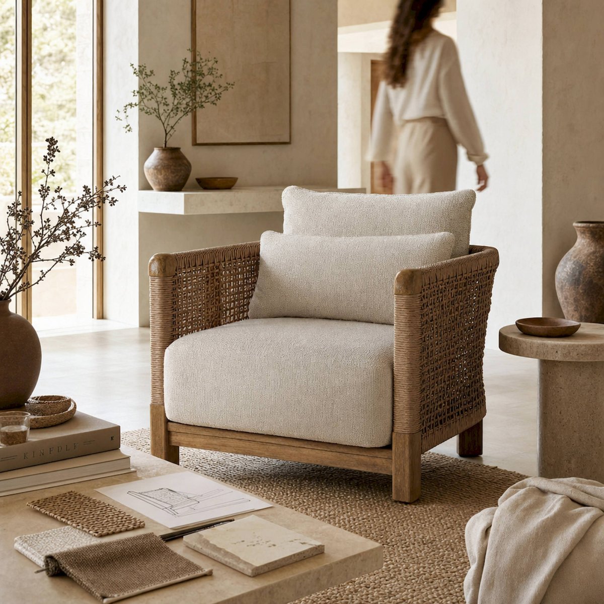 Fauteuil bohème en teck collection S.TRENA beige et bois naturel, RECOLLECTION