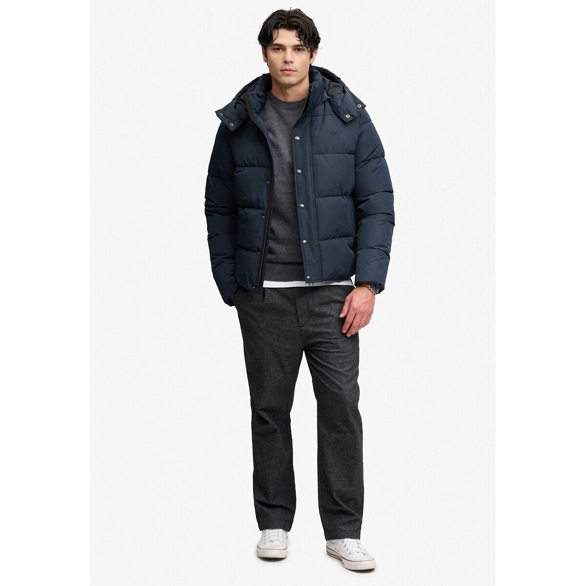 Piumino di alta qualità, con cappuccio rimovibile blu marino, SUPERDRY
