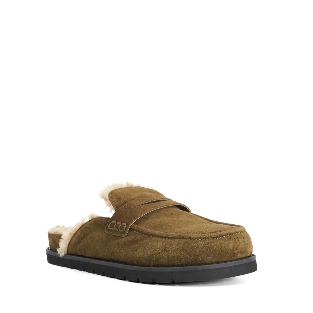 Mocassins mules en daim à arrière ouvert doublés imitation peau de mouton - GOLDY khaki-suede, DUNE LONDON