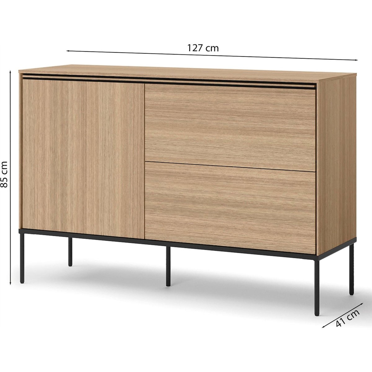 Commode 1 porte 2 tiroirs chêne collection VISSO chêne linéaire et noir, RECOLLECTION